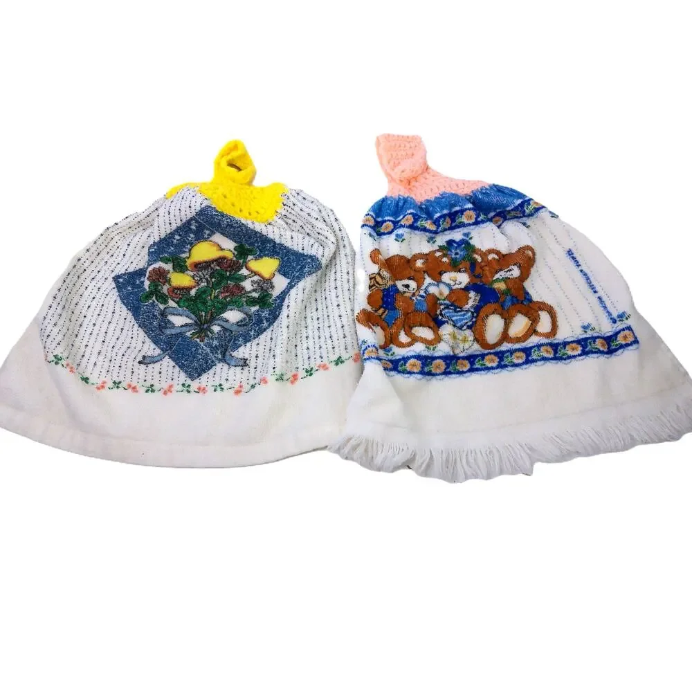 Vtg Franco Royal Crochet Top Kitchen Hand Towels Mushroom Teddy Bear Set Of 2